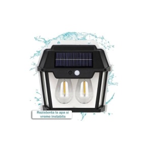Lampa solara tip felinar 28W Smartix cu 2 Becuri, Acumulator 1200mAh, Senzor 5-8M, Pentru exterior, Suport inclus, Panou solar inclinat, 600 Lumeni, Negru, AD2858 - Img 4