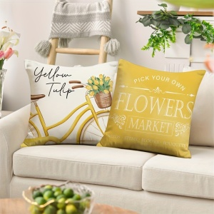 Set 4 Huse pentru Perne – Model Primăvară cu Lalele Galbene și Mesaje Pozitive, 45x45 cm, PMAU55873 - Img 5