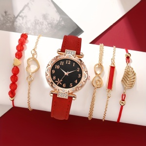 Set 5 Bijuterii și Ceas Elegant pentru Femei – Curea Roșie cu Accesorii Asortate, PMXH1292217