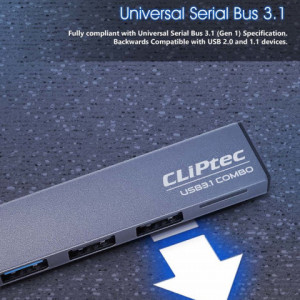 Cliptec Adaptor HUB - USB to USB 3.1 + 2xUSB 2.0 + microSD - Slim Combo RZR545 grey