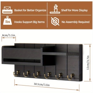 Cuier Rustic de Perete cu Rafturi și 6 Cârlige – Organizator pentru Chei, Poștă și Accesorii, TMTQ691031 - Img 2