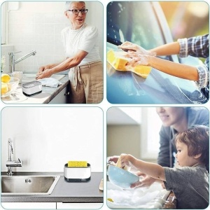 Dozator cu pompa de sapun Smartix, Suport pentru burete spalat vesela 350 ml, Dozator pentru sapun si bucatarie, Alb, AD350 - Img 5