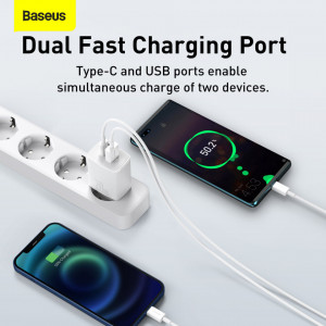 Incarcator Baseus Compact Wall Charger - USB + Type C - PD 3.0 QC 3.0 20W 3A, alb