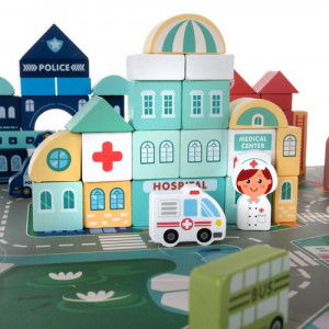 Joc cuburi lemn oras colorat, 100 piese de construit, vehicule, suport tip puzzle, PM00019159 - Img 5