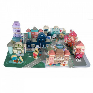 Joc cuburi lemn oras colorat, 115 piese de construit, vehicule, suport tip puzzle, PM000112283