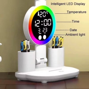 Lampă de birou Smartix LED flexibil 30-47 CM cu ceas, dată și temperatură, 2 Organizatoare, Alb, AD30402 - Img 5