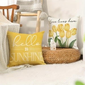 Set 4 Huse pentru Perne – Model Primăvară cu Lalele Galbene și Mesaje Pozitive, 45x45 cm, PMAU55873 - Img 6