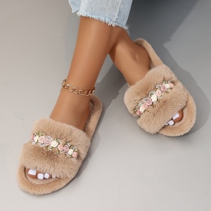 Slapi de casă confortabili, din pluș, cu model floral, pentru femei, TMLN68695 - Img 4