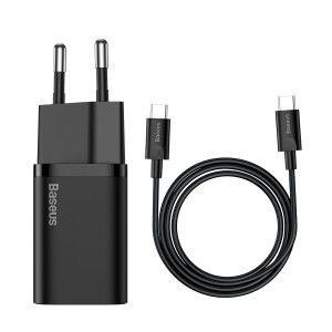 Incarcator priza Baseus Super Si 1C Type C - QC 3.0 PD 25W 3A with Tip C to Tip C cablu, negru
