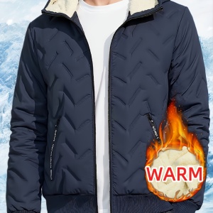 Jachetă Casual cu Glugă pentru Bărbați, Design Matlasat cu Căptușeală Fleece, Croială Largă, Închidere cu Fermoar, TMNA5091776 - Img 5