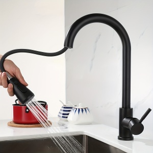 Robinet de bucatarie modern, din otel inoxidabil, cu extractie, negru, PMTG141828