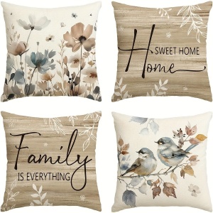 Set 4 Huse Decorative pentru Perne – Design Rustic cu Mesaje de Familie și Elemente de Toamnă, 45x45 cm, PMWG352109