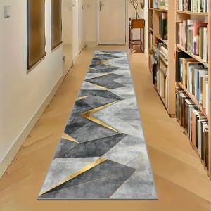 Covor în stil geometric nordic: Aur și Gri, fără pierdere, imprimat, 6mm gros, 850g/m² Velvet cristal, anti-alunecare, rezistent la praf, spalabil la masina, potrivit pentru coridoare lungi și cafenele, bucatarii, PMJR105223