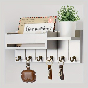 Cuier Rustic de Perete cu Rafturi și 6 Cârlige – Organizator pentru Chei, Poștă și Accesorii, TMTQ691031 - Img 4