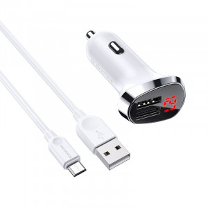Incarcator Auto Borofone BZ15 Auspicious - 2xUSB - 2,4A cu USB to MicroUSB cablu white