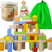 Joc cuburi lemn oras colorat, 100 piese de construit, cu galeata de sortare si saculet de depozitare, PM00022666