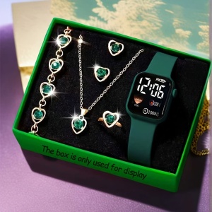 Set cadou elegant pentru dama – Ceas, bratara, colier, cercei si inel, Verde, TMJE6637039