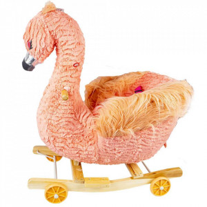Balansoar pentru bebelusi, Flamingo, lemn + plus, cu rotile, roz, 66 cm - Img 2
