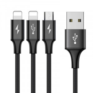 Baseus Cablu Rapid 3 in 1 - USB to Micro USB, 2xLightning - 3A 1,2 metrus (CAMLL-SU01) Negru - Img 2