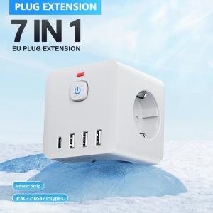 Prelungitor Priză 7-în-1 cu USB – 3 prize, 4 porturi USB + 1 Type-C, mufă EU, TMEC161306 - Img 6