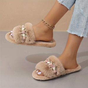 Slapi de casă confortabili, din pluș, cu model floral, pentru femei, TMLN68695 - Img 6