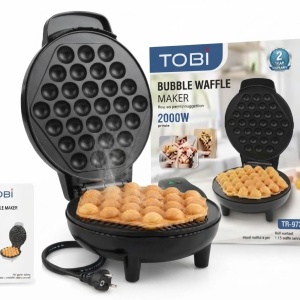 Aparat de făcut vafe buble waffle TOBI 2000W, plite antiaderente, design negru elegant, manual și cutie originală incluse, BZWW42616
