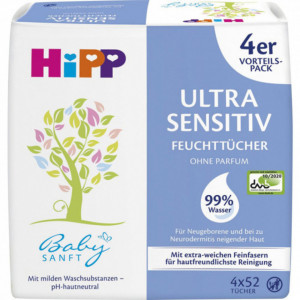 Hipp baby Ultra-Sensitive, Servetele umede fara parfum, 4x52 bucati, PM60353