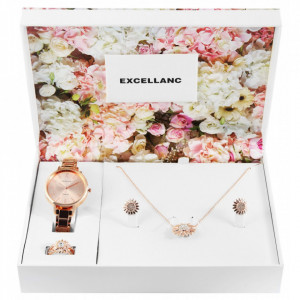 Set cadou, ceas dama, Excellanc, Gold Auriu Sublim Fit Utopia, colier cu pandativ, 1 pereche cercei, inel dama Excellanc