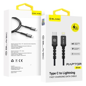Blavec Cable Raptor braided - Type C to Lightning - PD 20W 2,4A 0,25 metres (CRA-CL24BG025) black-grey, MGKABAV1662 - Img 7