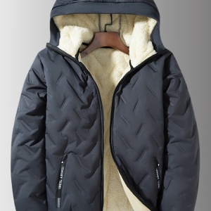 Jachetă Casual cu Glugă pentru Bărbați, Design Matlasat cu Căptușeală Fleece, Croială Largă, Închidere cu Fermoar, TMNA5091776 - Img 3