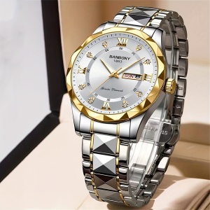 Ceas quartz barbatesc din otel inoxidabil, cu calendar, PMFW124492-ALB/AURIU