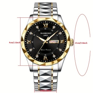 Ceas quartz barbatesc din otel inoxidabil, cu calendar, PMFW124492-AURIU/NEGRU - Img 2