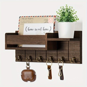 Cuier Rustic de Perete cu Rafturi și 6 Cârlige – Organizator pentru Chei, Poștă și Accesorii, TMTQ691031 - Img 8