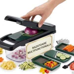 Răzătoare și feliator multifuncțional pentru legume, cu recipient și set de accesorii/lame interschimbabile, negru/verde, BZWW4OM24726
