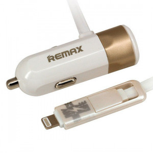REMAX Incarcator auto RCC-102 - USB - 3,4A cu 2 in 1 cablu Micro USB, Lightning auriu