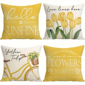 Set 4 Huse pentru Perne – Model Primăvară cu Lalele Galbene și Mesaje Pozitive, 45x45 cm, PMAU55873