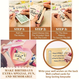 Set 4 Clipuri din lemn pentru bani – Mesaje „Happy Birthday”, TMXY401938 - Img 3