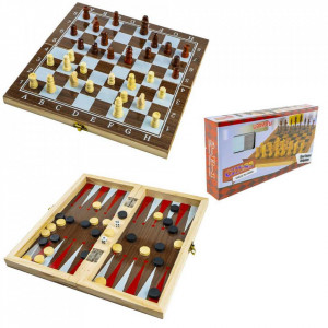 Joc 3 in 1: sah, table, dame! Cutie lemn, 29.5x14.5cm