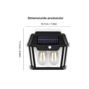 Lampa solara tip felinar 28W Smartix cu 2 Becuri, Acumulator 1200mAh, Senzor 5-8M, Pentru exterior, Suport inclus, Panou solar inclinat, 600 Lumeni, Negru, AD2858 - Img 3