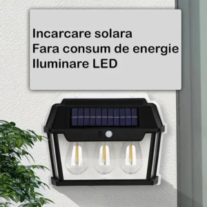 Lampa solara tip felinar 3W Smartix cu 3 Becuri, Acumulator 1800mAh, Senzor 5-8M, Pentru exterior, Suport inclus, Panou solar inclinat, 600 Lumeni, Negru, AD31858 - Img 2