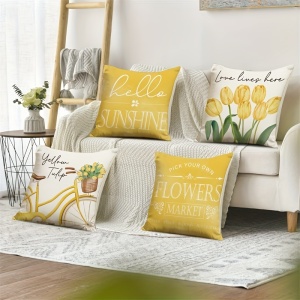 Set 4 Huse pentru Perne – Model Primăvară cu Lalele Galbene și Mesaje Pozitive, 45x45 cm, PMAU55873 - Img 4