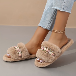 Slapi de casă confortabili, din pluș, cu model floral, pentru femei, TMLN68695 - Img 2