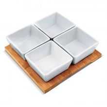 Set 4 boluri portelan pentru servire Lamart, suport bambus 19 x 19 cm