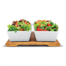 Set 4 boluri portelan pentru servire Lamart, suport bambus 19 x 19 cm