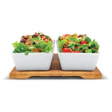Set 4 boluri portelan pentru servire Lamart, suport bambus 19 x 19 cm