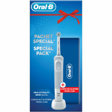 Set Periuta electrica de dinti Oral-B Vitality D100 Sensi Ultra Thin + Travel Case, 7600 Oscilatii/min, 1 program, 1 capat, alb