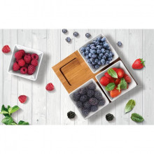 Set 4 boluri portelan pentru servire Lamart, suport bambus 19 x 19 cm