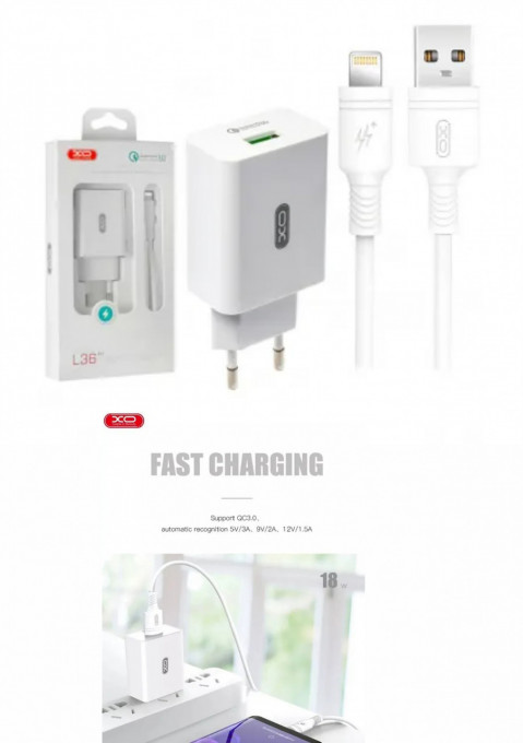Incarcator Priza XO Qualcomm Quick Charge 3.0 , 18W , + Cablu Iphone