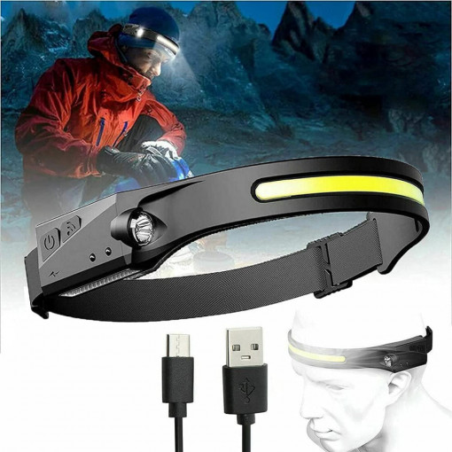 Lanterna De Cap Cu Acumulator Intern, Frontala, Senzor De Miscare, Pentru Pescuit, Camping, Drumetii