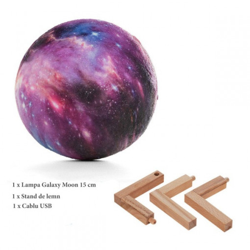 Cosmos Moon Lamp 3D Multicolora -Lampa in forma de luna, lumina LED multicoloră, stand lemn